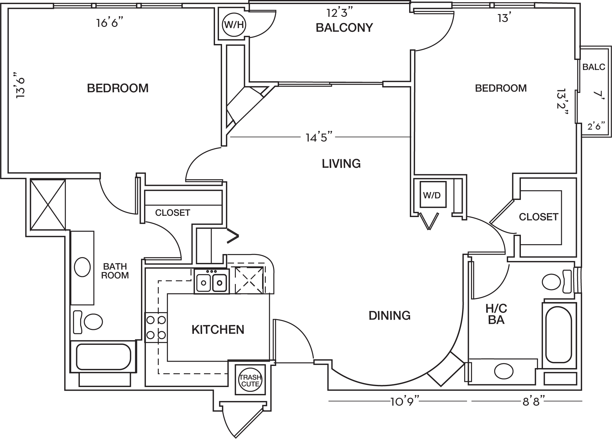 Floor plan for 2 beds, 2 baths, 1179 sqft